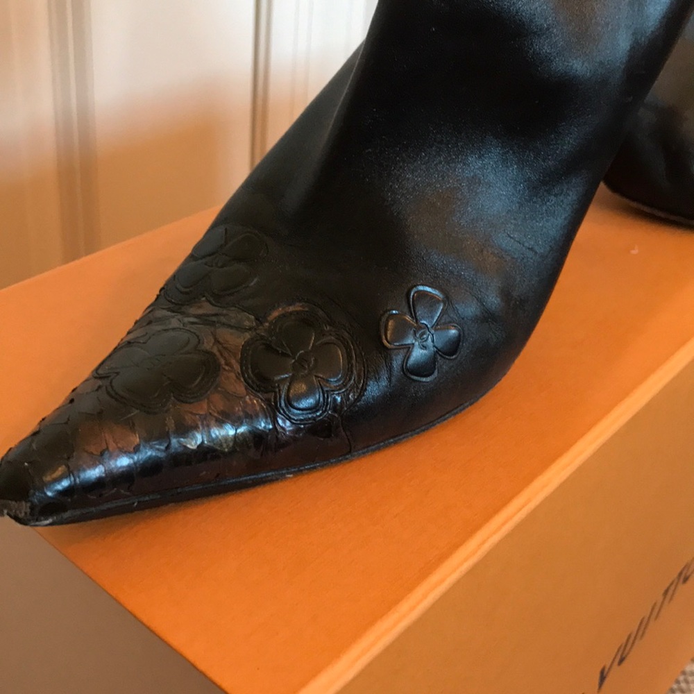 Authentic Chanel Leather Black Boot Floral Detail